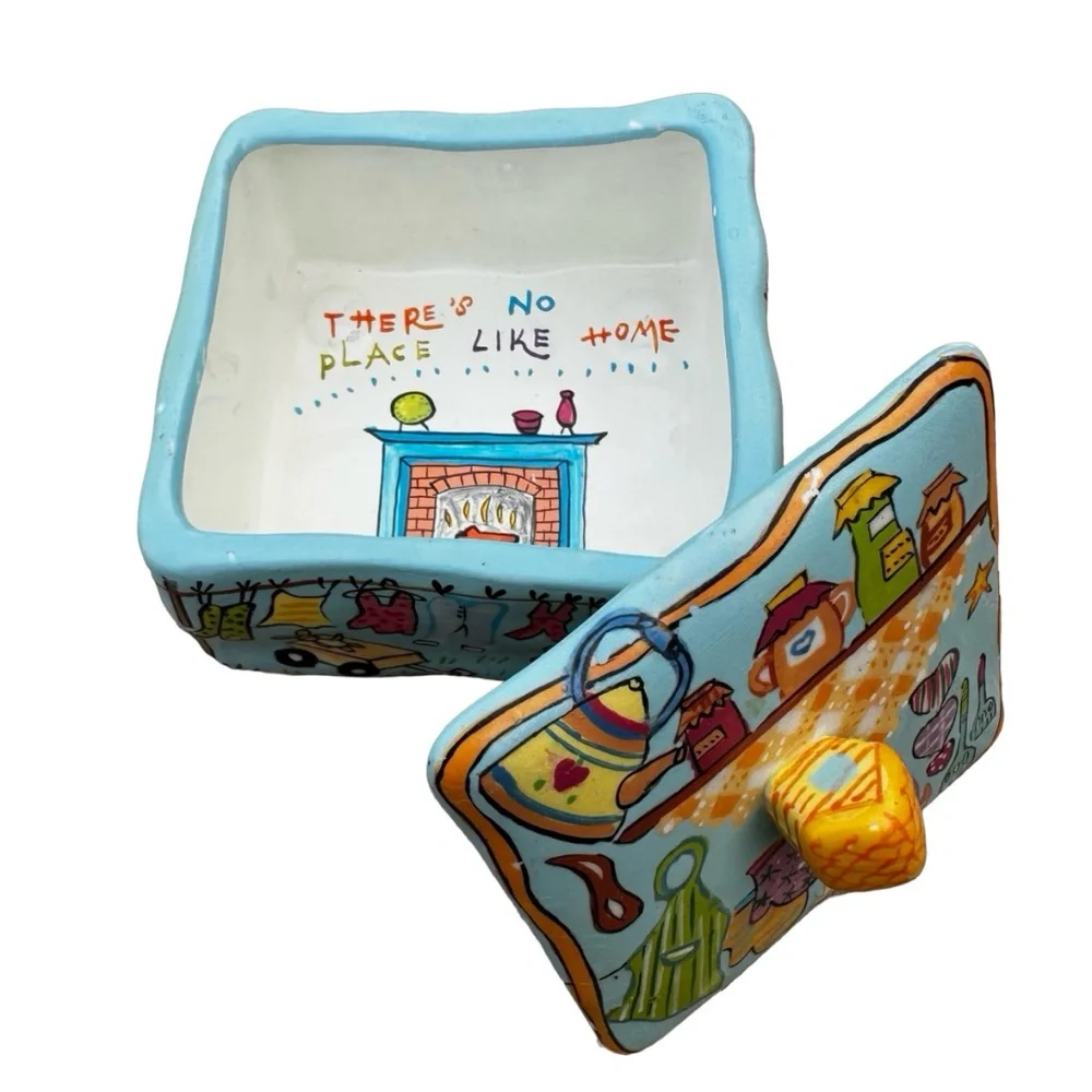 EMPRESS ARTS Blue Ceramic Trinket Box 3”x3” THERE IS NO PLACE LIKE HOME Lidded